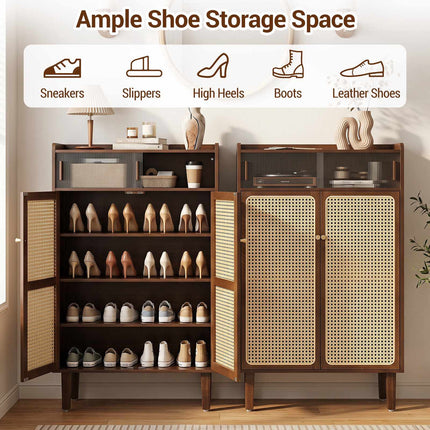 5-Tier Bamboo Shoe Cabinet with Rattan Sliding Doors