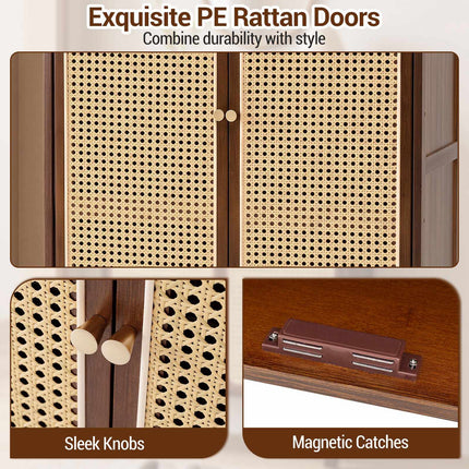 5-Tier Bamboo Shoe Cabinet with Rattan Sliding Doors