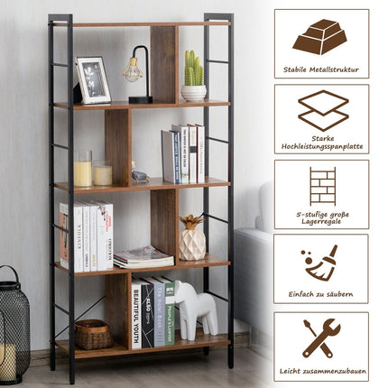 5-Tier Bookcase Bookshelf with Metal Frame Standing Shelf Wood 74 x 30 x 154.5 cm Brown