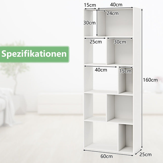 Bücherregal mit 5 Ebenen und 10 Fächern, freistehendes Raumteilerregal, Holzregal, offenes Regal