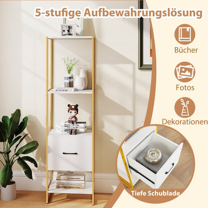 5 Tier Bookcase with Drawer &amp; Metal frame bookcase modern standing shelf white