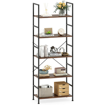5-stöckiges Bücherregal, 160 cm, Rustikales Braun, Metallrahmen