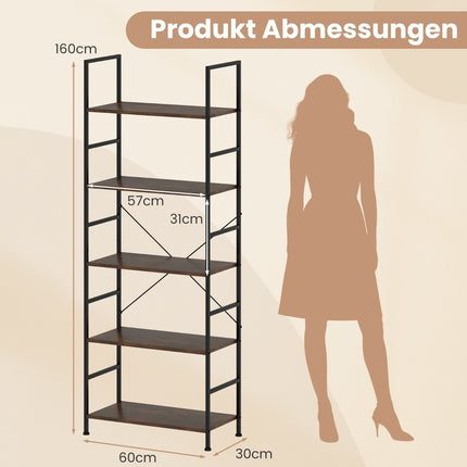5-stöckiges Bücherregal, 160 cm, Rustikales Braun, Metallrahmen