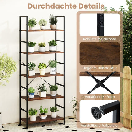 5-stöckiges Bücherregal, 160 cm, Rustikales Braun, Metallrahmen