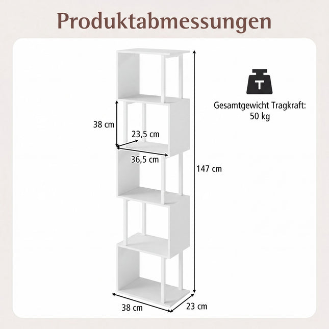 5-Tier Bookshelf with Metal Frame and Anti-Tip, White