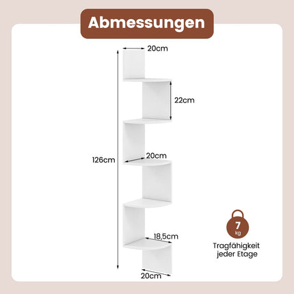 5-stöckiges Eckwandregal, schwebendes weißes Bücherregal