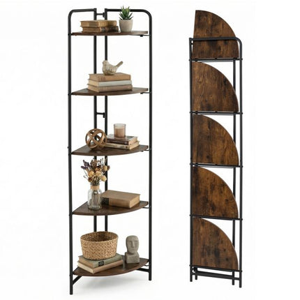 5-Tier Folding Corner Shelf, Metal Frame, Rustic Brown