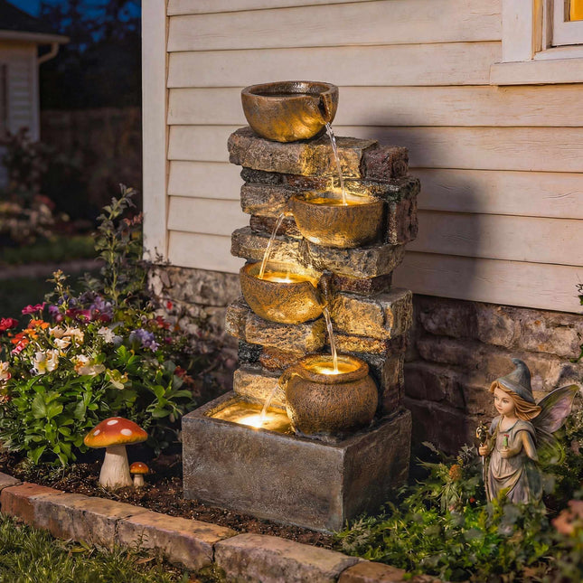 5-stufiger Gartenbrunnen mit LED-Beleuchtung, verstellbare Pumpe
