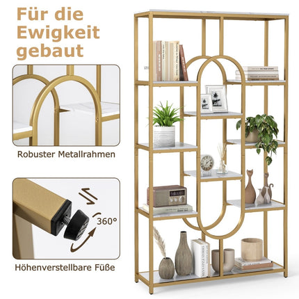 5-stufiges geometrisches Bücherregal, Weiß & Gold, Metallrahmen