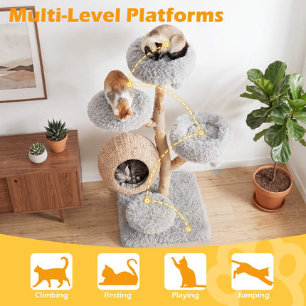 5-Tier Gray Wooden Cat Tree with Plush Perches & Jute Posts