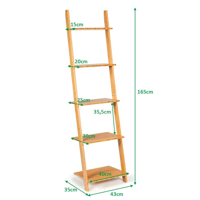 5-stöckiges Leiterregal aus Bambus schmales Bücherregal Standregal 43 x 35 x 165 cm Natur