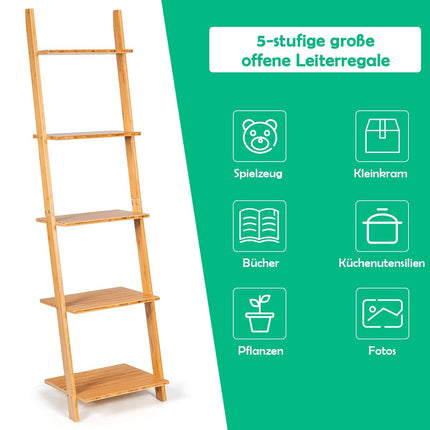 5 Tier Ladder Shelf Made of Bamboo Narrow Bookcase Standing Shelf 43 x 35 x 165 cm Natural