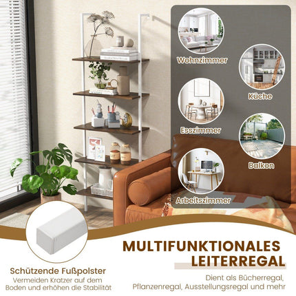 Leiterregal mit 5 Ebenen, Wandmontage, 180 cm, Bücherregal mit Metallrahmen, Braun