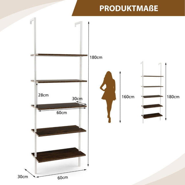 Leiterregal mit 5 Ebenen, Wandmontage, 180 cm, Bücherregal mit Metallrahmen, Braun