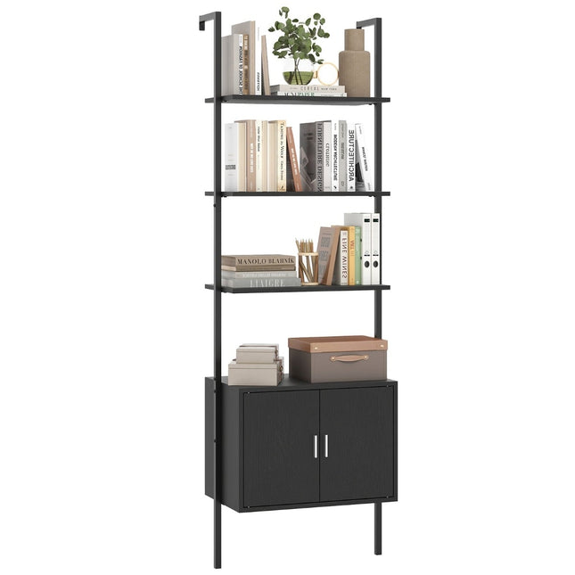 5-stufiges Leiterregal mit Schrank, schwarzer Metallrahmen, 60x35x184 cm