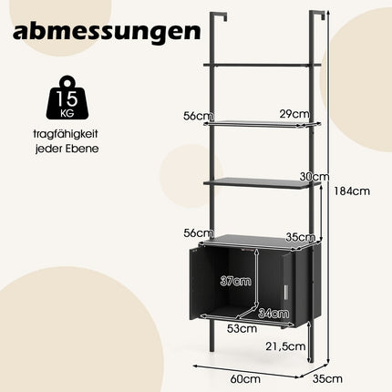 5-stufiges Leiterregal mit Schrank, schwarzer Metallrahmen, 60x35x184 cm