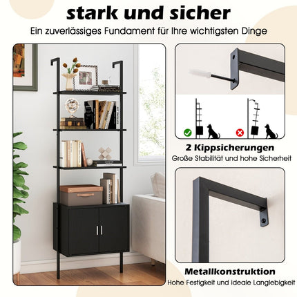 5-stufiges Leiterregal mit Schrank, schwarzer Metallrahmen, 60x35x184 cm