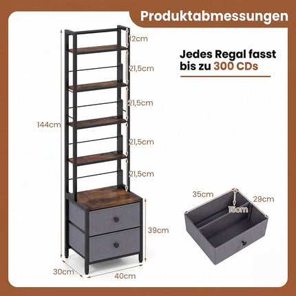 5-Tier Media Storage Rack with Drawers & Book Stoppers