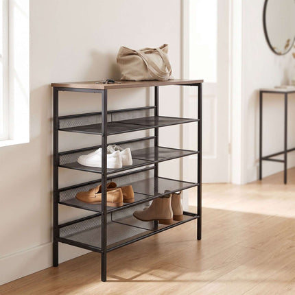 5-Tier Metal & MDF Shoe Rack, Brown, 81x75x30 cm