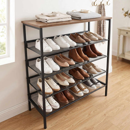 5-Tier Metal & MDF Shoe Rack, Brown, 81x75x30 cm