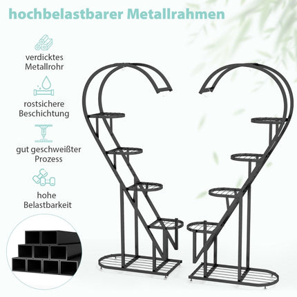 5-stöckiger Pflanzenständer aus Metall, herzförmiges Blumenregal mit Haken, 71 x 30,5 x 148 cm, Schwarz