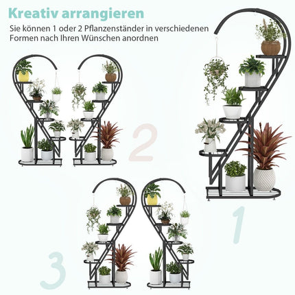 5-stöckiger Pflanzenständer aus Metall, herzförmiges Blumenregal mit Haken, 71 x 30,5 x 148 cm, Schwarz