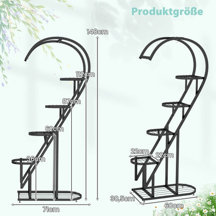 5-stöckiger Pflanzenständer aus Metall, herzförmiges Blumenregal mit Haken, 71 x 30,5 x 148 cm, Schwarz