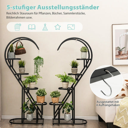 5-stöckiger Pflanzenständer aus Metall, herzförmiges Blumenregal mit Haken, 71 x 30,5 x 148 cm, Schwarz
