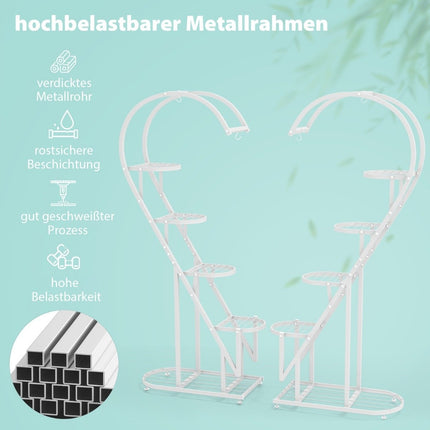 5-stöckiger Pflanzenständer aus Metall, herzförmiges Blumenregal mit Haken, 71 x 30,5 x 148 cm, Weiß
