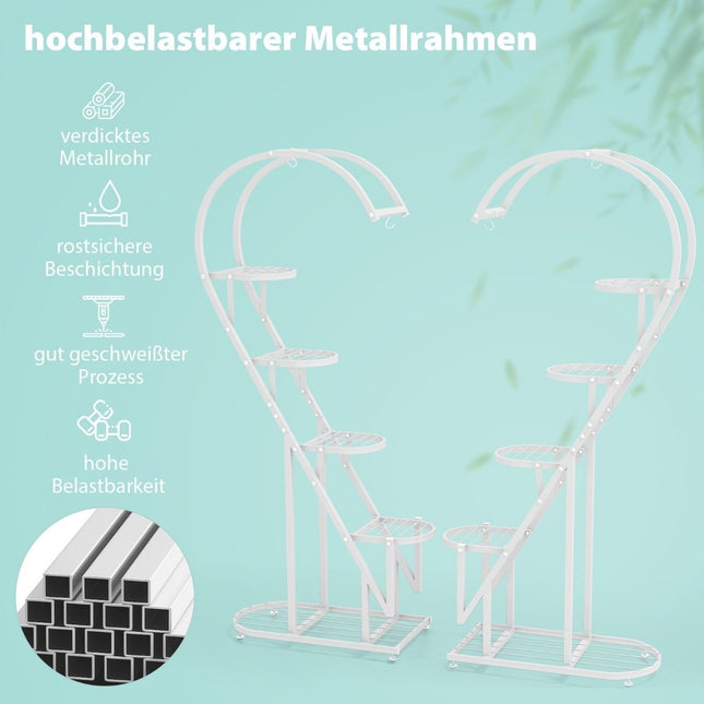 5-stöckiger Pflanzenständer aus Metall, herzförmiges Blumenregal mit Haken, 71 x 30,5 x 148 cm, Weiß