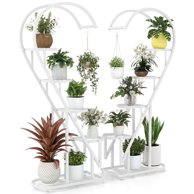 5-stöckiger Pflanzenständer aus Metall, herzförmiges Blumenregal mit Haken, 71 x 30,5 x 148 cm, Weiß