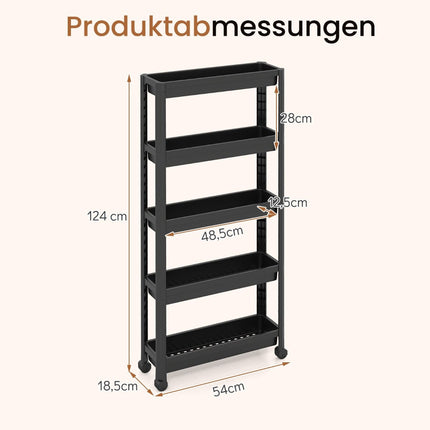 5-stufiger schmaler Rollwagen mit Griffen, Schwarz, 18,5 cm breit