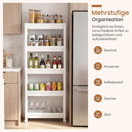 5-Tier Narrow Rolling Kitchen Cart with Handles, White