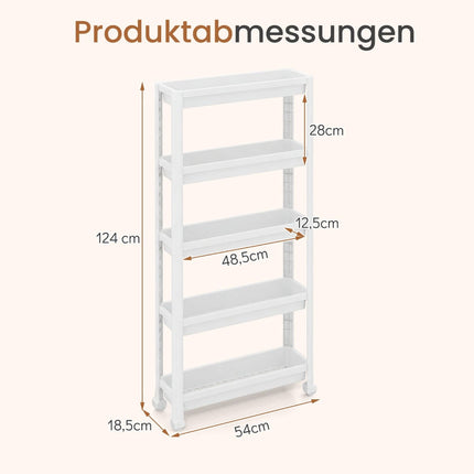 5-Tier Narrow Rolling Kitchen Cart with Handles, White