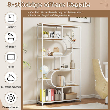 5-stöckiges offenes Bücherregal, Natur & Weiß, Metallrahmen