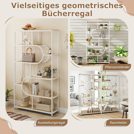 5-stöckiges offenes Bücherregal, Natur & Weiß, Metallrahmen