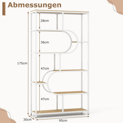 5-stöckiges offenes Bücherregal, Natur & Weiß, Metallrahmen