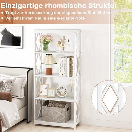 5-stöckiges offenes Bücherregal, weißes MDF, Rautenmuster