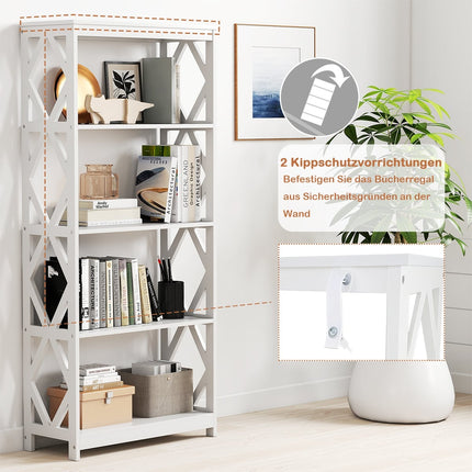 5-stöckiges offenes Bücherregal, weißes MDF, Rautenmuster