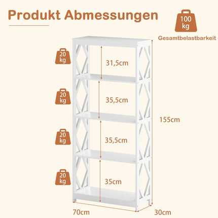 5-stöckiges offenes Bücherregal, weißes MDF, Rautenmuster