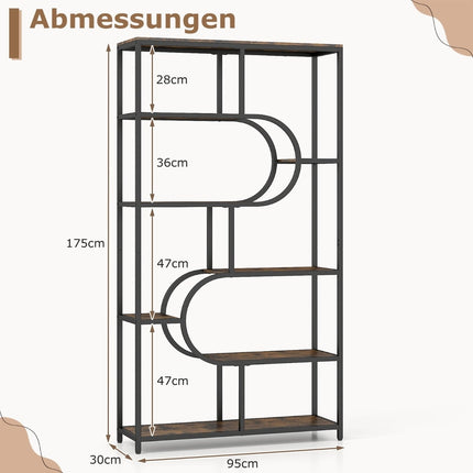 5-stöckiges offenes Bücherregal, Rustikales Braun & Schwarz