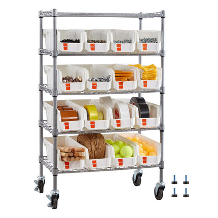 5-Tier Rolling Bin Storage Rack, 16 Bins, Steel with Wheels