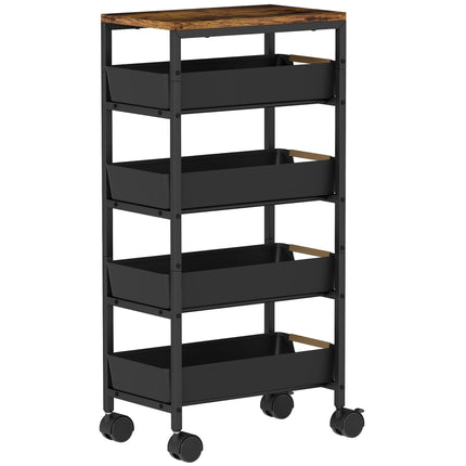 5-Tier Rolling Kitchen Trolley with 4 Drawers, Wood-Look Top, Black