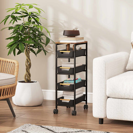 5-Tier Rolling Kitchen Trolley with 4 Drawers, Wood-Look Top, Black