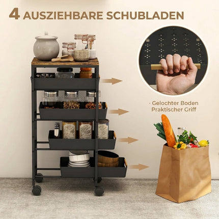 5-Tier Rolling Kitchen Trolley with 4 Drawers, Wood-Look Top, Black