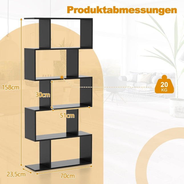 5-Tier S-Shaped Bookshelf with Anti-Tip, Black