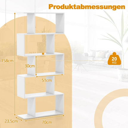 5-Tier S-Shaped Bookshelf with Anti-Tip, White