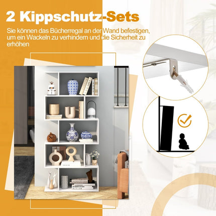 5-Tier S-Shaped Bookshelf with Anti-Tip, White