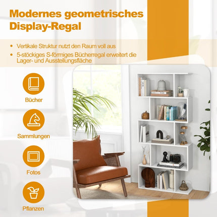 5-Tier S-Shaped Bookshelf with Anti-Tip, White