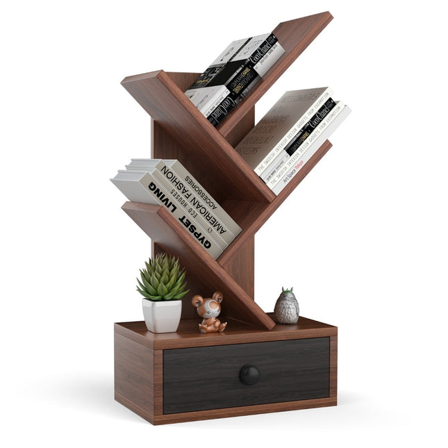 5-stufiges Baum-Bücherregal mit Schublade – Braun, platzsparend
